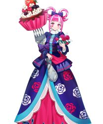  1girl blue_dress blunt_bangs blush bouquet bow breasts closed_mouth cupcake dress earrings facial_mark fire_emblem fire_emblem_engage fire_emblem_heroes floral_print floral_print_dress flower food fork fruit giant_fork hair_bow hair_rings heart heart_facial_mark highres holding holding_bouquet holding_fork hortensia_(cutesplosion)_(fire_emblem) hortensia_(fire_emblem) jewelry long_sleeves looking_at_viewer multicolored_hair non-web_source official_alternate_costume official_art pink_eyes pink_hair polka_dot polka_dot_bow print_dress small_breasts smile solo strawberry streaked_hair tachi-e two-tone_hair tym_taro white_hair 