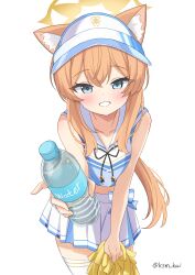  1girl absurdres alternate_costume animal_ear_fluff animal_ears artist_name bare_arms bare_shoulders black_ribbon blue_archive blue_bow blue_eyes blue_shirt blue_visor blush bottle bow cat_ears cat_girl cheerleader collarbone commentary_request cowboy_shot crop_top cropped_shirt double-parted_bangs english_text foreshortening grin halo highres holding holding_bottle holding_pom_poms incoming_drink kashima_(ksm_kai) leaning_forward long_hair looking_at_viewer low_ponytail mari_(blue_archive) midriff miniskirt neck_ribbon official_alternate_hairstyle orange_hair petite plastic_bottle pleated_skirt pom_pom_(cheerleading) ponytail ribbon sailor_collar school_emblem shirt simple_background skirt skirt_set sleeveless smile solo standing sweatdrop thigh-highs trinity_general_school_logo twitter_username two-tone_bow visor_cap waist_bow water_bottle white_background white_bow white_sailor_collar white_skirt white_thighhighs yellow_halo zettai_ryouiki 