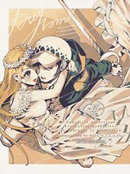  1boy 1girl arms_around_neck bare_shoulders black_hair black_hoodie blush breasts carrying character_name chest_tattoo dress earrings facial_hair hand_tattoo hat head_wreath holding holding_sword holding_weapon hood hood_down hoodie jewelry long_dress long_hair medium_breasts nami_(one_piece) off-shoulder_dress off_shoulder one_piece open_clothes open_hoodie open_mouth orange_hair outside_border pearl_earrings princess_carry sweatdrop sword tattoo tears trafalgar_law twitter_username weapon white_dress white_hat yum_xoxo_yum 