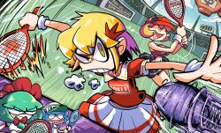  4girls ^_^ aki_minoriko aki_shizuha angry ball baseball_cap black_skirt blonde_hair blue_hair bow breasts closed_eyes collared_shirt drooling fire front_ponytail green_hair happy hat highres holding holding_tennis_racket huffing jitome kagiyama_hina kawashiro_nitori kevin_arthur large_breasts looking_at_another maple_leaf_hair_ornament mario_power_tennis mario_tennis miniskirt multicolored_skirt multiple_girls playing_sports racket red_bow red_shirt red_skirt red_visor scoreboard shirt short_hair short_sleeves skirt sportswear stadium super_mario_bros. tennis tennis_ball tennis_racket tennis_uniform toon_(style) touhou visor_cap white_shirt white_skirt wrist_cuffs 