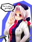  bespectacled bow chair english glasses hair_bow hat labcoat large_breasts nurse_cap pointing silver_hair solo touhou yagokoro_eirin yanmarson 