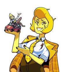 1other 2girls alternate_costume blonde_hair car chest_jewel colored_skin diamond-shaped_pupils diamond_(shape) discount-supervillain furry gem gem_(steven_universe) giant giantess grin high-waist_pants lips looking_at_viewer motor_vehicle multiple_girls necktie pants shirt short_hair simple_background smile steven_universe sweat symbol-shaped_pupils tomboy white_shirt yellow_diamond_(steven_universe) yellow_eyes yellow_necktie yellow_pearl_(steven_universe) yellow_skin