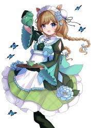  1girl absurdres black_pantyhose blue_bow blue_bowtie blue_butterfly blue_eyes bow bowtie braid brown_hair bug butterfly chinese_clothes commentary_request eli_conifer emobico flower_ornament frilled_sleeves frills hair_bun hair_ornament highres lolita_fashion maid maid_headdress nijisanji open_mouth pantyhose qi_lolita smile tassel tea teapot twin_braids virtual_youtuber wide_sleeves 
