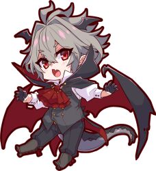  1boy antenna_hair black_pants black_vest chibi claws dragon_tail dragon_wings dress_shirt fang fate/apocrypha fate_(series) grey_hair hair_between_eyes haoro high_contrast male_focus messy_hair mystical_high_collar pants red_eyes shirt short_hair sieg_(fate) simple_background skin_fang tail vampire_costume vest white_background white_shirt wings 