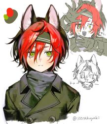 1boy 333takoyaki absurdres animal_ear_fluff animal_ears black_coat black_gloves black_hair black_headband blush chibi chibi_inset closed_mouth coat commentary_request cropped_torso gloves green_eyes hair_between_eyes headband highres male_focus multicolored_hair multiple_views open_mouth original red_hair simple_background twitter_username upper_body white_background 