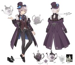  1boy absurdres artist_request ascot black_ribbon black_shoes blue_eyes blue_flower blue_gem boutonniere brooch coat coat_partially_removed commentary_request concept_art dress_shoes english_commentary floating_hair flower frown full_body gem hair_ribbon halloween halloween_costume hat hat_flower highres jewelry king's_raid korean_commentary korean_text long_hair long_sleeves low_ponytail mixed-language_commentary multiple_views off_shoulder official_alternate_costume official_art pants pavel_(king's_raid) plant ponytail purple_ascot purple_coat purple_hat purple_pants purple_ribbon red_vest reference_inset reference_sheet ribbon second-party_source shirt shoes simple_background striped_clothes striped_pants teapot top_hat translation_request vertical-striped_clothes vertical-striped_pants vest vines white_background white_hair white_shirt 