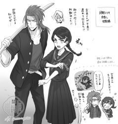  1girl 2boys abarai_renji adjusting_sleeves armband bleach bokken braid chibi chibi_inset commentary_request etranger140 gakuran greyscale hair_ornament hairclip headband highres hinamori_momo jacket kira_izuru long_skirt low_twin_braids monochrome multiple_boys open_clothes open_jacket pleated_skirt school_uniform serafuku signature skirt sleeves_pushed_up sword translation_request twin_braids twitter_username watermark weapon wooden_sword 