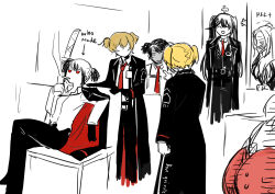  1other 3boys 3girls absurdres alternate_hairstyle arm_rest arms_behind_back black_coat black_gloves black_jacket black_pants black_sleeves blank_eyes blonde_hair breast_pocket character_name cigarette coat collared_shirt covering_own_mouth crossed_legs dante_(limbus_company) don_quixote_(project_moon) dress_pants dress_shirt english_text faceless faceless_male gloves hand_over_own_mouth hands_up heathcliff_(project_moon) highres holding holding_sword holding_weapon hong_lu_(project_moon) index_finger_raised indoors jacket jacket_on_shoulders lapels limbus_company long_sleeves multiple_boys multiple_girls nugii open_clothes open_coat open_collar pants partially_colored pocket pointing pointing_at_another project_moon red_coat red_eyes red_jacket rodion_(project_moon) ryoshu_(project_moon) scar scar_on_cheek scar_on_face shirt short_twintails sinclair_(project_moon) sitting smoking suspender_pants sweat swept_bangs sword tearing_up twintails two-sided_coat two-sided_fabric two-sided_jacket undershirt weapon white_shirt white_sleeves wing_collar 