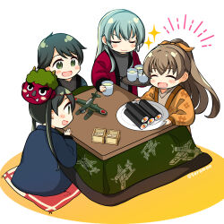  4girls aircraft airplane aqua_hair black_hair box brown_hair commentary_request cup drinking_glass e16a_zuiun food green_eyes hanten_(clothes) highres kantai_collection kotatsu kumano_(kancolle) makizushi mask mask_on_head mikuma_(kancolle) mogami_(kancolle) multiple_girls oni_mask plane_print ponytail short_hair sparkle sushi suzuya_(kancolle) table teramoto_kaoru tray twintails vehicle_print 