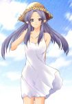  blue_eyes blue_hair blush braid caster cloud clouds dress fate/stay_night fate_(series) hat long_hair ocean pointy_ears sky smile sundress 