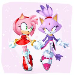  2girls amy_rose animal_ears blaze_the_cat cat_ears cat_girl cat_tail draw_chill's dress forehead_jewel fur-trimmed_gloves fur-trimmed_shoes fur_trim furry furry_female gloves green_eyes hairband multiple_girls pink_fur pink_shoes ponytail purple_fur red_dress red_shoes shoes signature smile sonic_(series) tail white_gloves yellow_eyes 