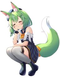  1girl :3 absurdres animal_ear_fluff animal_ears ascot back_ribbon bare_shoulders beret blue_boots blue_bow blue_choker blue_hat blue_sailor_collar blue_scrunchie blue_skirt boots bow choker closed_eyes closed_mouth commentary_request frilled_skirt frills full_body green_hair grey_thighhighs haconect hair_bow hair_ornament hand_on_own_cheek hand_on_own_face hat high-waist_skirt highres lace-up_boots mira_lupus multicolored_hair plaid_clothes plaid_skirt ribbon ruhika sailor_collar scrunchie shirt short_hair short_twintails simple_background skirt solo squatting streaked_hair tail thigh-highs twintails virtual_youtuber white_background white_hair white_shirt wolf_ears wolf_girl wolf_tail wrist_scrunchie x_hair_ornament yellow_ascot yellow_ribbon 