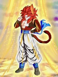  1boy abs blue_eyes blue_sash dragon_ball dragon_ball_gt gogeta highres kenran_dokkan long_hair looking_at_viewer male_focus metamoran_vest monkey_boy monkey_tail muscular muscular_male pants pectorals red_fur red_hair saiyan sash smile solo spiky_hair super_saiyan super_saiyan_4 tail vest white_pants 