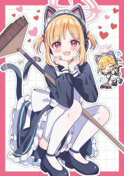  1girl :3 :d ^_^ absurdres afterimage animal_ear_headphones animal_ears apron back_bow black_dress black_shoes blonde_hair blue_archive blunt_bangs blush border bow broom cat_ear_headphones cat_ears cat_tail chibi chibi_inset closed_eyes commentary dress eyelashes fake_animal_ears fake_tail frilled_dress frills full_body hair_bow halo hands_on_own_cheeks hands_on_own_face hands_up happy headphones heart highres holding holding_broom huge_bow long_sleeves looking_at_viewer maid maid_headdress medium_hair momoi_(blue_archive) momoi_(maid)_(blue_archive) motion_lines official_alternate_costume official_alternate_hairstyle open_mouth outline outside_border papiko_(mochipapiko) pink_border pink_halo puffy_long_sleeves puffy_sleeves red_bow red_eyes shoes sidelocks simple_background smile solo squatting tail tail_raised tail_wagging tareme thigh-highs two_side_up v-shaped_eyebrows white_apron white_background white_bow white_outline white_thighhighs 