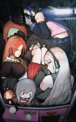  1boy 2026 2girls arm_tattoo back bare_shoulders belt black_hair black_hat black_panties black_sleeves blue_belt blue_cape blue_eyes blue_hair breasts cape character_doll crane_game crop_top dated detached_sleeves doll dress fany0221 frilled_dress frills green_eyes hashtag-only_commentary hat headphoens headphones heterochromia highres large_breasts long_hair looking_at_viewer male_with_breasts mini_hat mini_top_hat multiple_girls namine_ritsu number_tattoo panties piano_print pleated_skirt purple_dress red_eyes red_hair red_skirt red_trim shirt signature sitting skirt sleeves_past_fingers sleeves_past_wrists striped_clothes striped_panties stuffed_toy sukone_tei tattoo top_hat trap twintails underwear utau very_long_hair vippaloid white_hair white_shirt yokune_ruko 