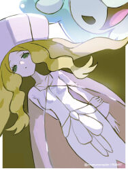  1girl blonde_hair caitlin_(pokemon) cape closed_mouth commentary dress eyelashes green_eyes hand_on_own_arm hat highres large_hat long_sleeves mayotsunamayo parted_bangs pokemon pokemon_(creature) pokemon_bw reuniclus see-through_cape sidelocks twitter_username watermark white_dress white_hat 