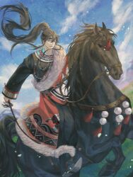  1boy alternate_costume animal asymmetrical_clothes bead_necklace beads belt black_belt black_boots black_hair black_headband black_pants black_shirt blue_sky boots braid brown_hair chinese_clothes chinese_commentary closed_mouth clouds day diaomaoxiaoheidaoliangquanban earrings falling_leaves floating_hair full_body fur-trimmed_robe fur_trim gem grass grey_eyes hanfu headband high_ponytail highres holding holding_weapon holding_whip horse horseback_riding jewelry leaf light_particles long_hair long_sleeves looking_at_viewer male_focus miao_clothes modao_zushi necklace outdoors pants ponytail red_gem red_robe reins riding robe saddle shirt sidelocks sky smile solo tassel very_long_hair weapon wei_wuxian whip wind 