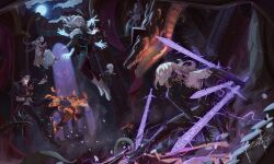  4boys 4girls armor arthur_leywin black_hair blonde_hair cecilia_(the_beginning_after_the_end) chul_(the_beginning_after_the_end) commentary commission curtains debris distortion dragon draneeve_(the_beginning_after_the_end) dress fire flying glowing glowing_eyes highres horns lightning mace mage_staff mawar_(the_beginning_after_the_end) melzri_vritra moon multiple_boys multiple_girls nico_sever noomuaz plant_roots purple_hair red_hair scales school_uniform staff sword sylvie_indrath tessia_eralith the_beginning_after_the_end viessa_vritra violet_eyes weapon white_hair 