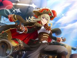  1girl ascot barrel black_ascot black_hat black_jacket blue_sky breasts brown_corset brown_gloves cannon corset cosplay day edward_teach edward_teach_(cosplay) flag frilled_sleeves frills game_cg gloves grey_hair grey_pants hair_between_eyes half_gloves hat jacket jacket_on_shoulders jewelry long_hair long_sleeves looking_at_viewer medium_breasts official_art outstretched_arms pants pirate_hat pirate_ship saijou_claudine shirt shoujo_kageki_revue_starlight shoujo_kageki_revue_starlight_-re_live- sidelocks sky smile solo standing upper_body violet_eyes wavy_hair white_shirt 
