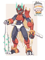  2boys absurdres armor black_hair club_(weapon) commentary_request covered_mouth full_body helmet highres holding holding_club holding_weapon horns male_focus mega_man_(series) mega_man_zero_(series) multiple_boys omochi_(mochi_skymega) red_armor red_helmet simple_background solo solo_focus standing weapon white_background zero(z)_(mega_man) zero_(mega_man) 