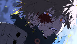  1boy 333takoyaki absurdres bakugou_katsuki blood blood_on_face boku_no_hero_academia commentary_request hair_between_eyes highres injury looking_at_viewer male_focus open_mouth orange_eyes simple_background solo sparks spiky_hair teeth torn_clothes upper_body 