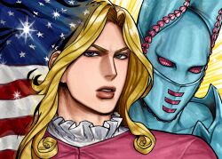  1boy 1other absurdres american_flag blonde_hair blue_eyes blue_skin coat colored_skin compound_eyes curly_hair dirty_deeds_done_dirt_cheap frilled_shirt_collar frills funny_valentine highres jojo_no_kimyou_na_bouken long_hair looking_at_viewer male_focus mask mechimun_jojo mouth_mask parted_lips pink_coat pink_eyes portrait shirt stand_(jojo) steel_ball_run white_shirt 
