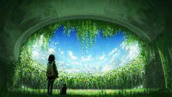  1girl animal backpack bag black_cat blue_sky cat chooco_(chocoshi) clouds cloudy_sky concrete day facing_away flower grass hashtag-only_commentary highres light_particles medium_hair megastructure nature original overgrown plant scenery sky standing thigh-highs vines 