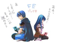  1boy 1girl blue_eyes blue_hair caeda_(fire_emblem) commentary_request doroimo fire_emblem fire_emblem:_shadow_dragon handheld_game_console holding holding_handheld_game_console long_hair marth_(fire_emblem) nintendo_ds short_hair simple_background sitting sweatdrop tiara translation_request white_background 
