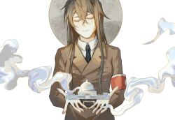  absurdres albert_speer armband belt black_belt black_necktie blonde_hair breast_pocket breasts brown_shirt brown_skirt chinese_commentary closed_eyes commentary_request genderswap genderswap_(mtf) hearts_of_iron highres long_hair long_skirt nazi necktie open_hands pocket red_armband shirt skirt smile smoke translation_request user_mjrr2442 volkshalle white_background white_shirt 