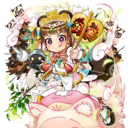  1girl animal_ears black_eyes brown_hair commentary_request fake_animal_ears flag holding japanese_clothes jewelry magatama magatama_necklace necklace raccoon_ears raccoon_girl raccoon_tail riding sandals short_hair tail tanuki tanuko thigh-highs twintails uchako uchi_hime uchi_no_hime-sama_ga_ichiban_kawaii white_thighhighs zouri 