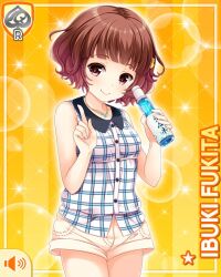  1girl bird_hair_ornament blue_shirt bottle brown_eyes brown_hair card_(medium) character_name closed_mouth flower flower_necklace fukita_ibuki girlfriend_(kari) hair_ornament holding holding_bottle looking_at_viewer official_art plaid_clothes plaid_shirt pointing qp:flapper ramune shirt shirttail shorts sleeveless sleeveless_shirt smile solo standing thighs white_shorts yellow_background 