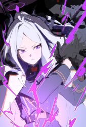  1girl 333takoyaki absurdres adjusting_clothes adjusting_gloves black_jacket blue_archive closed_mouth coat coat_on_shoulders commentary_request fur-trimmed_coat fur_trim gloves grey_hair halo highres hina_(blue_archive) jacket long_hair long_sleeves simple_background solo upper_body violet_eyes 