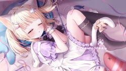  1girl absurdres animal_ears asymmetrical_legwear bandaid bandaid_on_knee bandaid_on_leg bed black_ribbon black_socks black_thighhighs blonde_hair cat_ears cat_girl cat_tail closed_eyes commission dress fish-shaped_pillow fish_hair_ornament fork_hair_ornament frilled_dress frills hair_ornament highres indie_virtual_youtuber kneehighs nekone_komari nyao12 pillow purple_dress ribbon second-party_source short_hair single_kneehigh single_sock single_thighhigh skeb_commission sleeping socks solo spoon_hair_ornament tail thigh-highs twintails uneven_legwear white_wrist_cuffs wrist_cuffs 