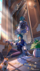  2boys absurdres black_gloves blue_eyes blue_hair bow calico_(pattern) calico_cat cat chinese_commentary closed_eyes commentary_request dark-skinned_male dark_skin dated english_text eyepatch fingerless_gloves flower_pot genshin_impact gloves highres kaeya_(genshin_impact) kaeya_(sailwind_shadow)_(genshin_impact) long_hair male_focus mirror mora_(genshin_impact) morte_(morte00097530) multiple_boys pants sconce sitting treasure_chest window 