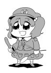  bkub chibi cucumber hair_bobbles hair_ornament hat kawashiro_nitori key monochrome open_mouth screencap simple_background skirt solo touhou twintails you_gonna_get_raped 