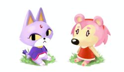 2girls amy_rose animal_crossing animal_crossing_(style) animal_ears blaze_the_cat cat_ears cat_girl cat_tail draw_chill's dress forehead_jewel furry furry_female grass hedgehog_girl multiple_girls pink_fur purple_fur red_dress simple_background sitting sonic_(series) tail white_background 