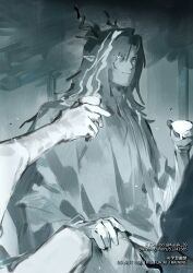  1boy 1other arknights choko_(cup) commentary cup dragon_boy dragon_horns greyscale highres holding holding_cup hood hood_up horns kalak_39 long_hair male_focus monochrome out_of_frame pointy_ears sitting solo_focus twitter_username wang_(arknights) 