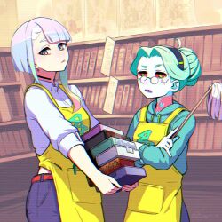  2girls alternate_universe blockbuster cassette_tape cyberpunk:_edgerunners cyberpunk_(series) duster earrings english_text glasses holding holding_cassette_tape holding_duster jewelry looking_at_viewer lucy_(cyberpunk) multiple_girls poster_(object) rebecca_(cyberpunk) sawasa videocassette 