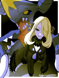  1girl black_coat black_collar black_eyes black_pants black_shirt black_shoes blonde_hair coat collar commentary cynthia_(pokemon) eyelashes fur-trimmed_coat fur_collar fur_trim garchomp hair_ornament hair_over_one_eye highres long_hair long_sleeves mayotsunamayo pants pokemon pokemon_(creature) pokemon_dppt shirt shoes teeth twitter_username watermark 