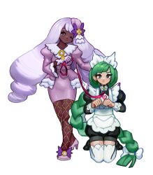  2girls apron black_dress black_shoes bow bowtie braid braided_ponytail brooch brown_eyes closed_mouth collar commentary dress english_commentary fishnet_leggings floating_hair flower footwear_bow gloves green_hair hair_bow hair_flower hair_ornament high_heels highres holding holding_leash jacinthe_(pokemon) jewelry juliet_sleeves kneeling knees_together_feet_apart layered_dress leash lebanne_(pokemon) long_hair long_sleeves looking_at_viewer low-tied_long_hair maid_apron meltted multiple_girls one_eye_closed paw_pose pencil_dress pokemon pokemon_legends:_z-a puffy_sleeves purple_dress purple_flower purple_hair purple_shoes red_leash shoes simple_background smile swept_bangs thigh-highs very_long_hair violet_eyes white_apron white_background white_bow white_bowtie white_collar white_gloves white_thighhighs white_trim wide_sleeves zettai_ryouiki 