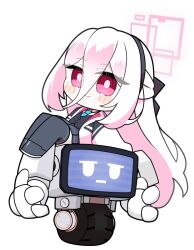  1girl absurdly_long_hair black_vest blue_archive blue_necktie blush_stickers boots chibi closed_mouth collared_shirt grey_boots grey_skirt grey_thighhighs hair_between_eyes halo jacket kei_(amas)_(blue_archive) kei_(blue_archive) kei_(new_body)_(blue_archive) long_hair miranofuudoria necktie open_clothes open_jacket pleated_skirt red_eyes ringed_eyes robot shirt simple_background sitting skirt smile thigh-highs thighhighs_under_boots very_long_hair vest white_background white_hair white_jacket white_shirt 