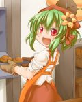  apron bakery baking bread brown_gloves chibi child flower food gloves green_hair hair_flower hair_ornament head_scarf highres kashipam003 kazami_yuuka open_mouth oven_mitts red_eyes red_skirt shirt shop sleeves_pushed_up smile solo touhou white_shirt youkai young 