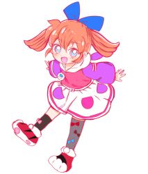  1girl :d asymmetrical_legwear black_bow black_socks blue_bow blue_eyes blush bow bow_legwear collarbone commentary full_body fushigi_mahou_fun_fun_pharmacy grey_thighhighs hair_between_eyes hair_bow hair_ornament highres hood hood_down hoodie jewelry letra_update long_hair long_sleeves looking_at_viewer miniskirt multicolored_hoodie open_mouth orange_hair paw_shoes pendant pink_hoodie pocket popuri_(fushigi_mahou_fun_fun_pharmacy) purple_hoodie red_bow red_shoes shoes simple_background single_sock single_thighhigh skirt smile socks solo thigh-highs twintails two-tone_hoodie uneven_legwear white_background white_skirt 