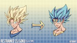  1boy absurdres aitorart arrow_(symbol) artist_name blonde_hair blue_background blue_eyes blue_gem blue_hair broly_(dragon_ball_z) broly_(dragon_ball_z)_(cosplay) character_name circlet cosplay cropped_shoulders dougi dragon_ball dragon_ball_z english_commentary english_text gem gold_circlet gold_necklace gradient_background green_eyes highres jewelry legendary_super_saiyan light_frown light_smile multiple_views necklace patterned_background portrait saiyan solo son_goku spiky_hair super_saiyan yellow_background 