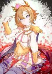  1girl animal_ears armor breasts cape closed_mouth commentary_request crown ear_ornament gloves gold_corset hair_between_eyes highres horse_ears horse_girl horse_tail jewelry long_sleeves looking_at_viewer mini_crown multiple_rings orange_hair orange_tail petals pink_cape pink_crown red_petals ring shikahisa_totani shirt short_hair shoulder_armor skirt smile solo t.m._opera_o_(o_sole_suo!)_(umamusume) t.m._opera_o_(umamusume) tail thigh-highs two-tone_skirt umamusume violet_eyes white_shirt white_thighhighs 