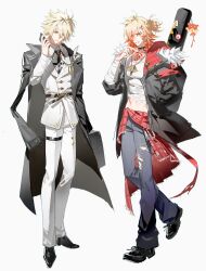  2boys alternate_costume antenna_hair bandaged_arm bandages black_coat black_necktie black_shoes blonde_hair braid charm_(object) chest_tattoo clothes_around_waist coat coat_on_shoulders collared_shirt denim earrings facial_tattoo full_body fur-trimmed_coat fur_trim gold_earrings gold_necklace gradient_hair guitar_case hand_tattoo highres holding holding_phone honkai:_star_rail honkai_(series) instrument_case jacket jeans jewelry male_focus medium_hair multicolored_hair multiple_boys mydei_(fig_stew)_(honkai:_star_rail) mydei_(honkai:_star_rail) necklace necktie pants phainon_(honkai:_star_rail) phainon_(khaslana)_(honkai:_star_rail) phone red_hair red_tattoo shirt shoes side_braid simple_background spiky_hair suirandanshihao tattoo thigh_strap torn_clothes torn_jeans torn_pants torn_shirt white_background white_jacket white_pants white_shirt yellow_eyes 