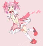  gloves ixy kaname_madoka looking_at_viewer magical_girl mahou_shoujo_madoka_magica open_mouth pink_eyes pink_hair shoes short_hair smile standing_on_one_leg twintails 