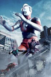  3boys alien antennae armor armored_bodysuit artist_logo battle black_bodysuit blue_sky bodysuit boots breastplate bug building city cityscape clouds cloudy_sky color_timer colored_skin commentary compound_eyes crossover cyclone_(kamen_rider) day doku_sasori_otoko dorsal_fin dust_cloud fighting_stance figure_(medium) film_grain from_below giant giant_male gloves glowing glowing_eyes grasshopper green_armor hands_up helmet high_kick highres ito_nobuhiko kamen_rider kamen_rider_(1st_series) kamen_rider_1 kicking logo looking_ahead looking_at_another male_focus mask monster motor_vehicle motorcycle multicolored_skin multiple_boys no_pupils outdoors pectorals photo_(medium) photoshop_(medium) red_eyes red_scarf red_skin rider_belt rubble scarf silver_boots silver_gloves silver_skin sky striped_bodysuit tokusatsu two-tone_skin typhoon_(kamen_rider) ultra_series ultraman ultraman_(1st_series) ultraman_vs._kamen_rider white_eyes wrinkled_skin 