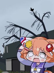  1girl absurdres animal_ears arms_up bird blue_sky bow bowtie chibi chibi_only chicken chicken_screaming_on_tree_(meme) crying ear_covers hair_ornament highres horse_ears horse_girl horse_tail long_sleeves matikanefukukitaru_(umamusume) medium_hair meme open_mouth orange_hair outdoors purple_sailor_collar purple_shirt sailor_collar school_uniform shirt silhouette single_ear_cover sky solo tail temu_(kobaeihuk) tracen_school_uniform tree umamusume white_bow white_bowtie 