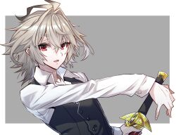  1boy antenna_hair black_vest commentary_request dress_shirt fate/apocrypha fate_(series) grey_hair hair_between_eyes haoro male_focus messy_hair open_mouth red_eyes shirt short_hair sieg_(fate) solo sword upper_body vest weapon white_shirt 
